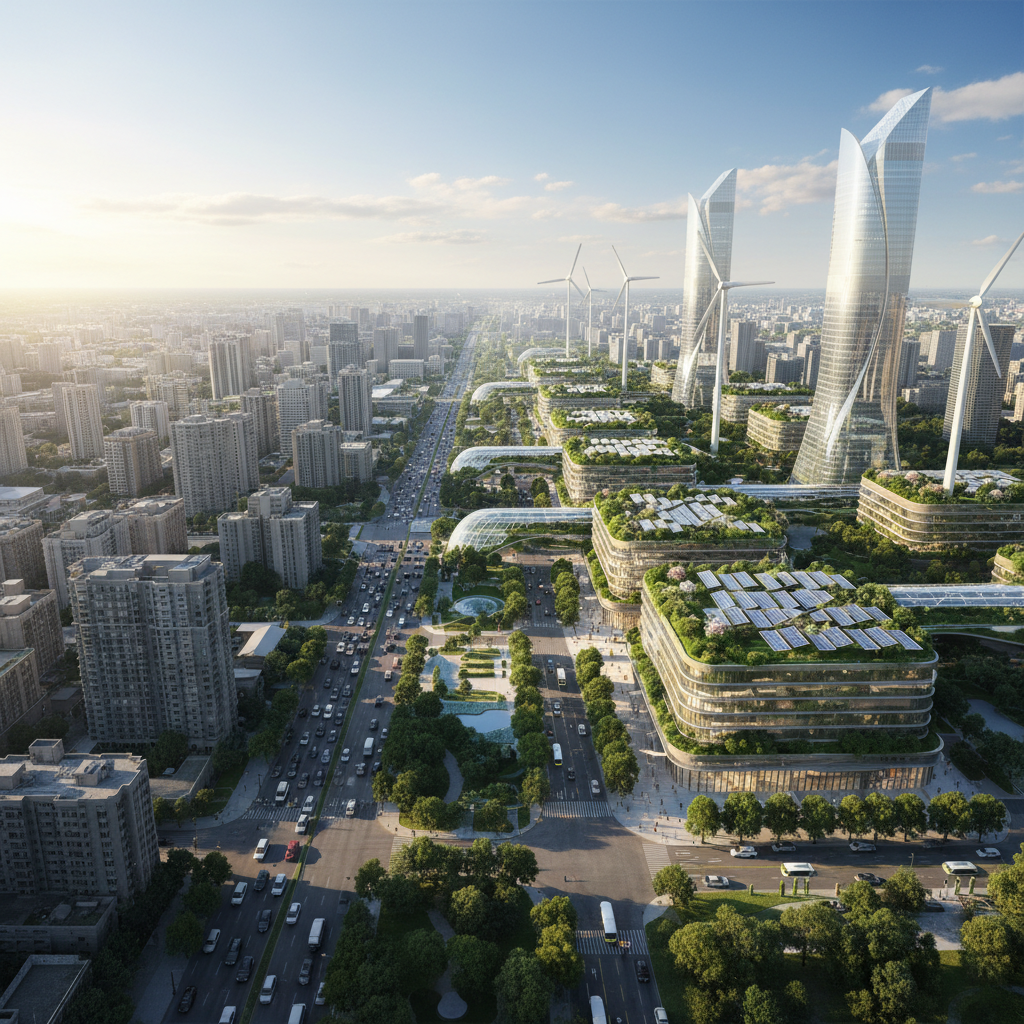 Futuristic sustainable smart city district with LEED certified green commercial buildings, solar canopies, green rooftops showing transformation from greenwashing to verifiable ESG infrastructure investment