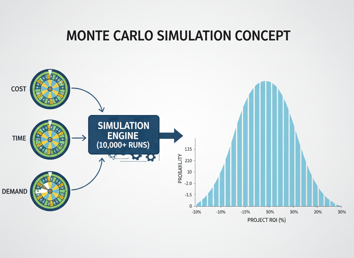 Diagram illustrating Monte Carlo simulation mechanism with input variables and output probability histogram — Monte Carlo simulations infrastructure investment risk analysis