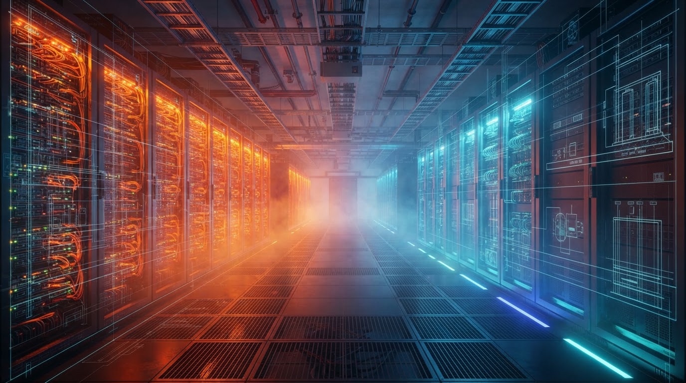 Wide-angle data center aisle with hot orange GPU racks on one side and cool blue NPU racks on the other
