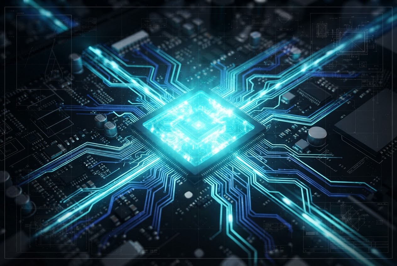Macro view of a server motherboard with a glowing NPU chip surrounded by data flow lines