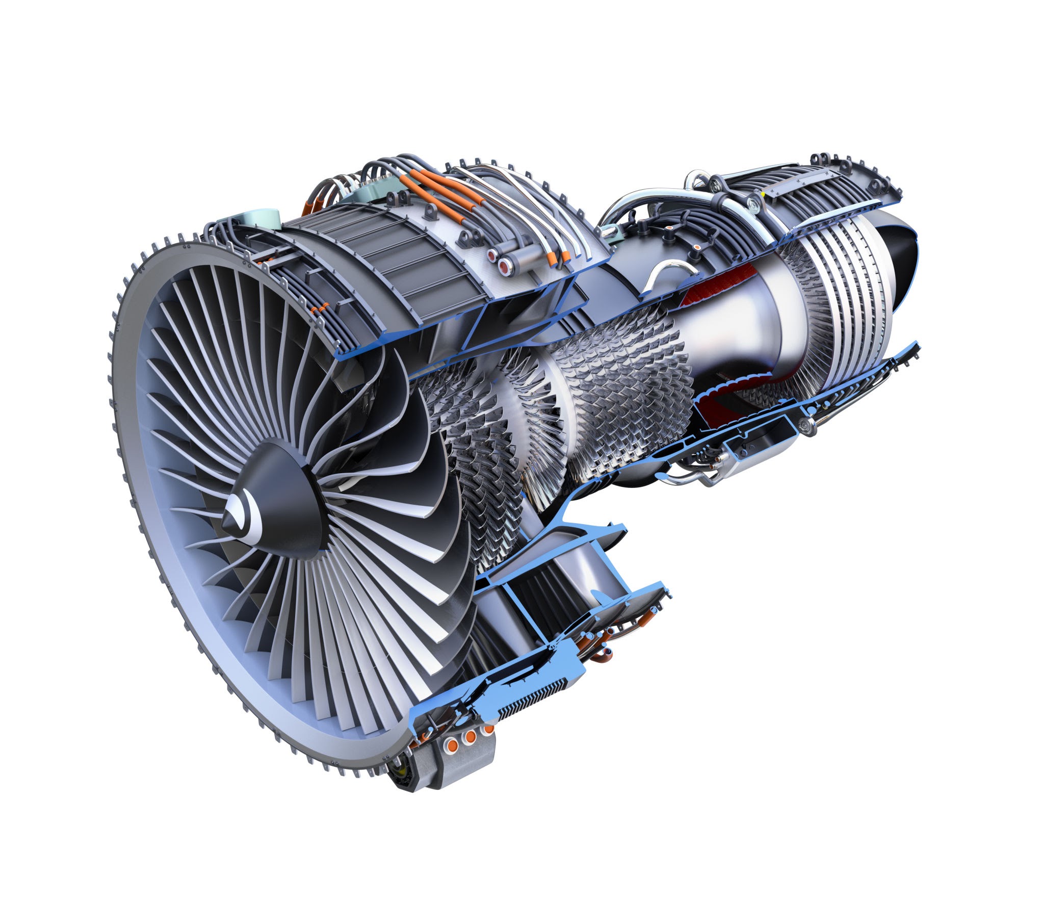 Cross-section of a high-bypass turbofan engine, AI generated