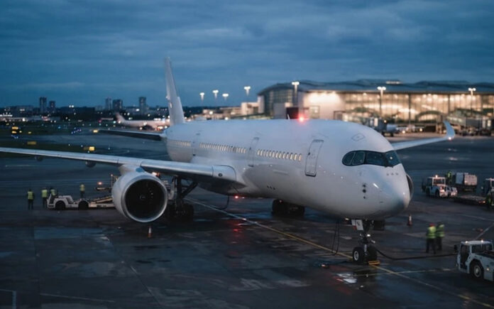 A modern wide-body commercial aircraft parked on an airport apron at blue hour, symbolizing fleet leasing and aviation financing economics.