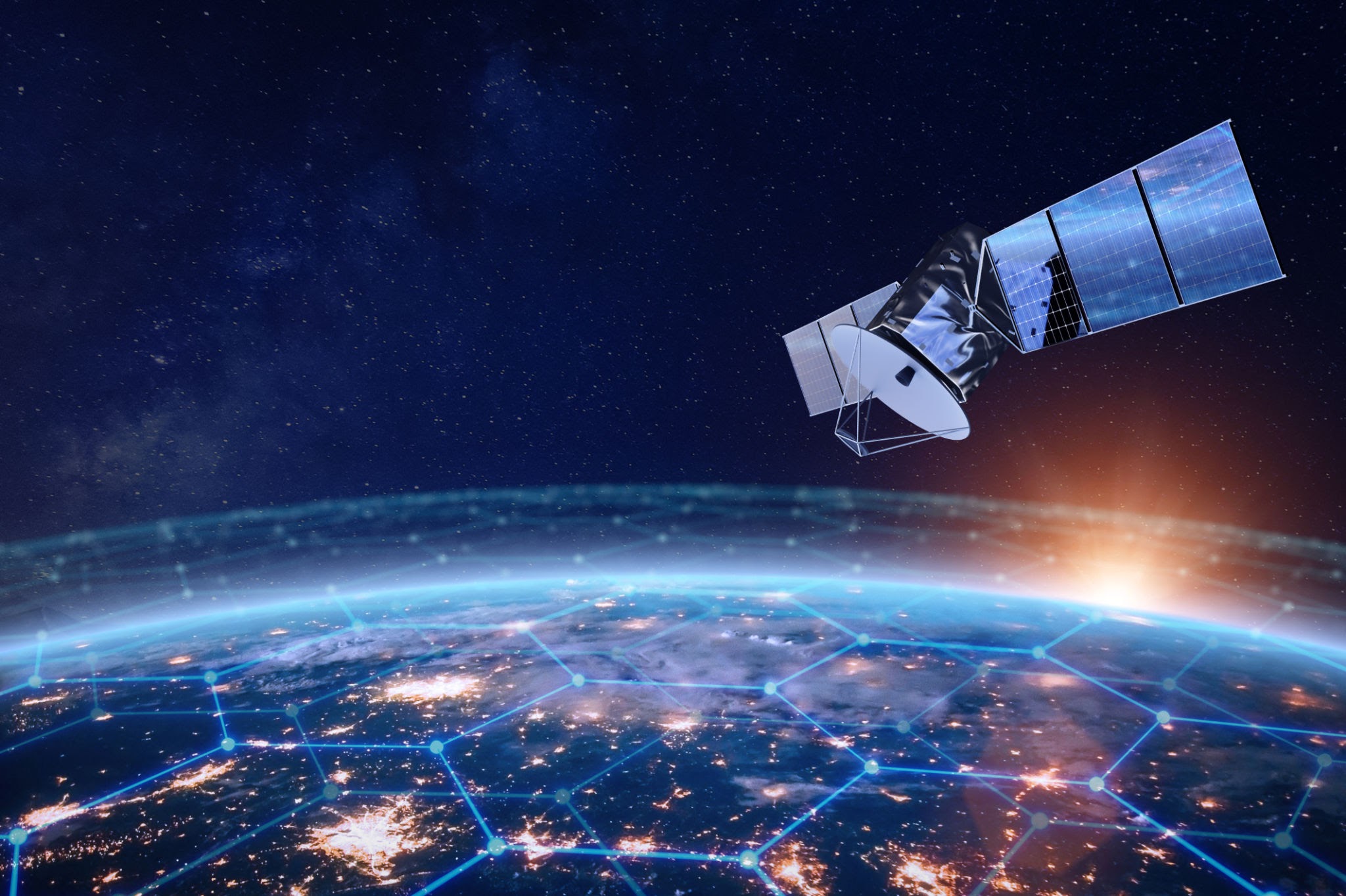 A Low Earth Orbit (LEO) telecommunication satellite with large solar panels deployed above the curvature of the Earth, a key component in a predictable, high-ROI orbital logistics supply chain.