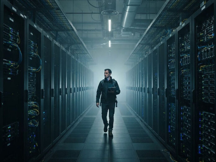 IT engineer walking through a large data center aisle representing the operational architecture and MLOps needed for scaling enterprise AI from pilot to production