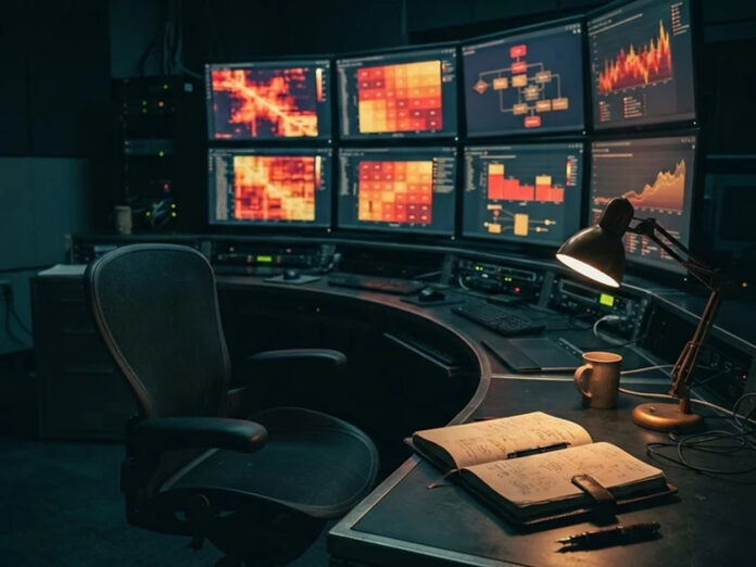 Control room monitors displaying heat maps for enterprise AI risk management and quantifying operational AI exposure.