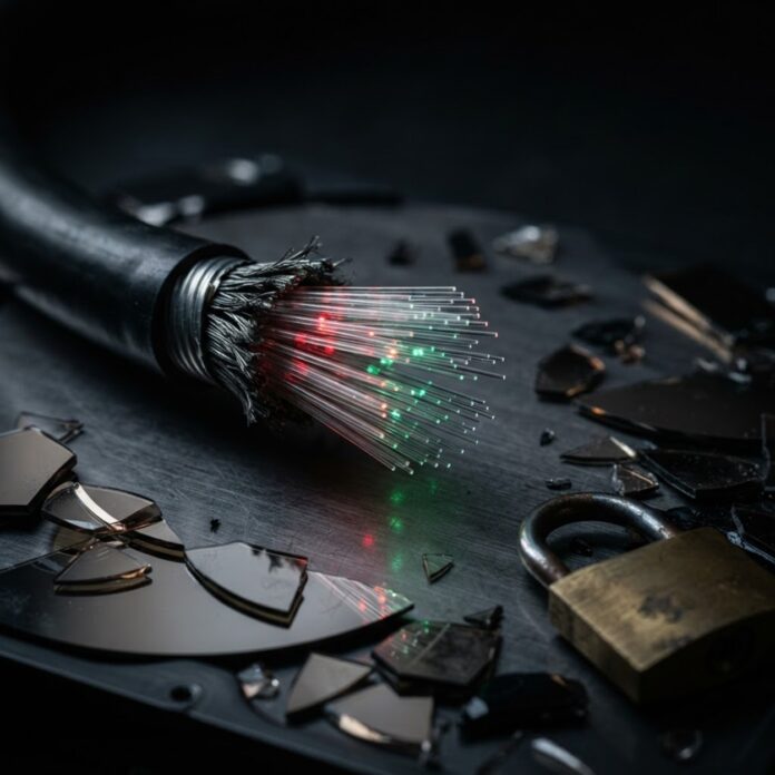 Severed glowing red and green fiber optic cable beside a shattered hard drive platter and a brass padlock on titanium.