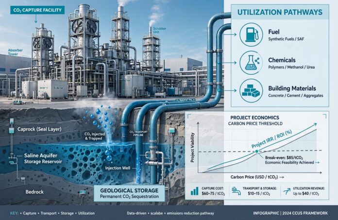 Technical infographic showing a CO2 capture facility with absorber towers and scrubber units connected via blue CO2 transport pipelines to both utilization pathways and geological storage. Underground cross-section shows caprock, saline aquifer storage reservoir, and injection well with CO2 trapped. Right side includes icons for Fuel, Chemicals, and Building Materials utilization, and a chart titled Project Economics - Carbon Price Threshold showing break-even at $85/tCO2 with Project IRR/ROI increasing with carbon price.