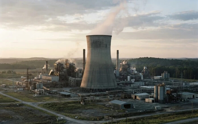 An industrial facility emitting steam at dawn, illustrating carbon pricing and emissions trading economics.