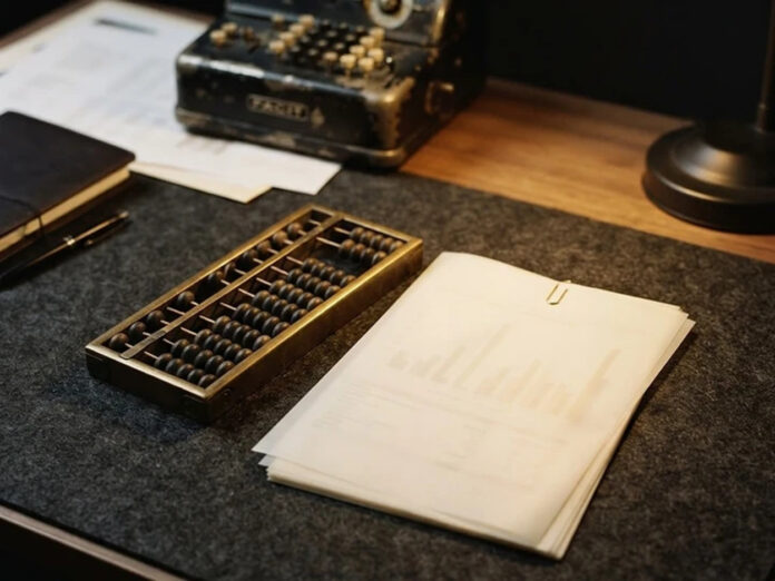 Cost analysis documents and a brass abacus illustrating the true cost of enterprise AI and a complete AI total cost of ownership (TCO) breakdown