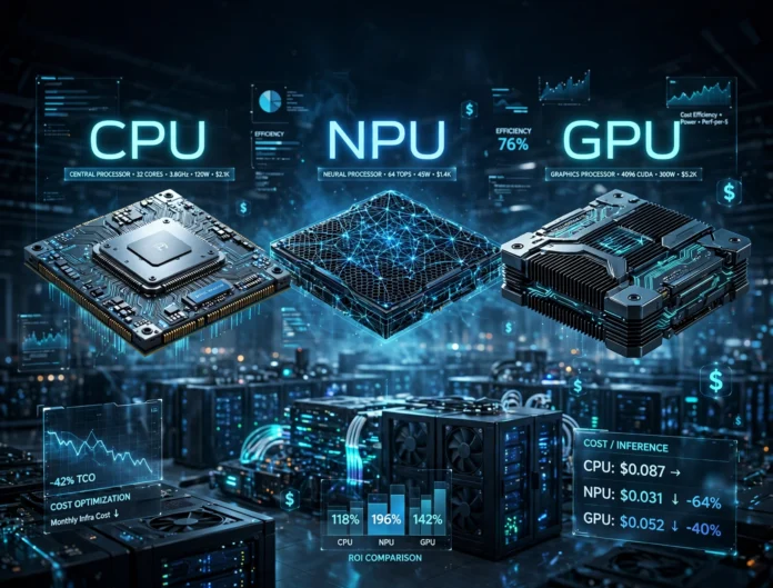 Enterprise server architecture and hardware components optimized for AI workloads, CPUs, GPUs, and NPUs.