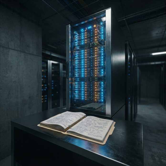 Illuminated server rack in a secure data center with an open notebook detailing GDPR data governance compliance.