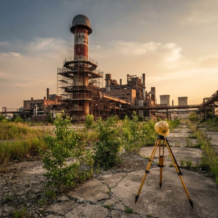 Surrounding land and surveyor equipment at a decommissioned industrial plant undergoing site remediation assessment.
