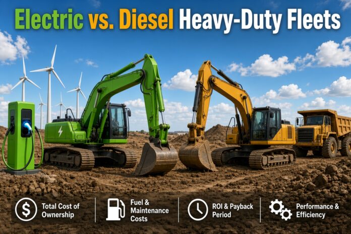 Side-by-side comparison of a green electric excavator plugged into a charging station (with wind turbines in the background) and a yellow diesel excavator next to a dump truck on a dusty construction site under a blue sky, illustrating Electric vs. Diesel Heavy-Duty Fleets Total Cost of Ownership (TCO) analysis.