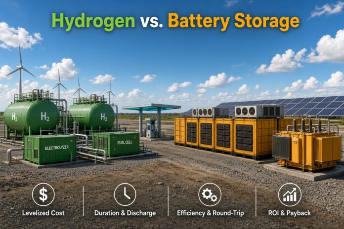 Side-by-side comparison of green hydrogen storage tanks and electrolyzer on the left versus large yellow battery energy storage containers on the right at a grid-scale energy site with wind turbines and solar panels under a blue sky, illustrating Hydrogen vs. Battery Storage for Grid-Scale Applications: The Economics of Duration
