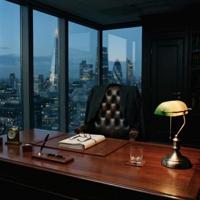 Empty leather executive chair behind a mahogany desk with a suit jacket, contract, and banker's lamp at dusk.