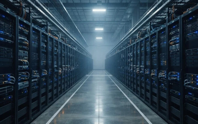 A symmetrical aisle of server racks in a hyperscale data center, illustrating AI compute infrastructure economics.