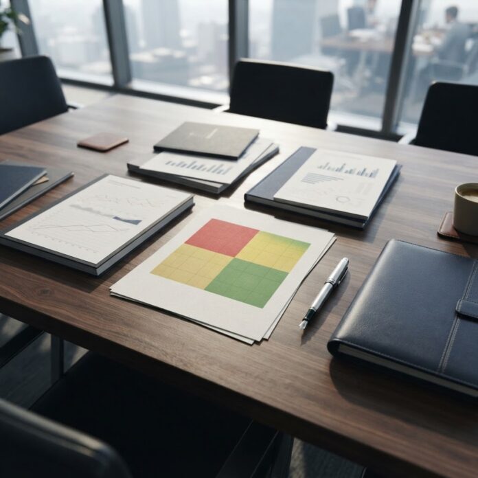 A structured enterprise risk matrix chart mapping probability against loss severity to quantify corporate liability
