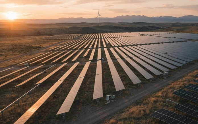 A utility-scale solar farm at golden hour with a distant wind turbine, representing renewable energy project finance and LCOE benchmarks.