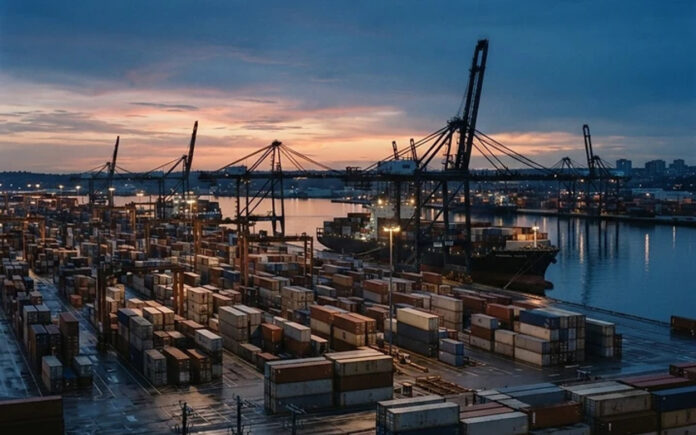 A container port at twilight with stacked shipping containers and gantry cranes, representing supply chain finance and working capital.